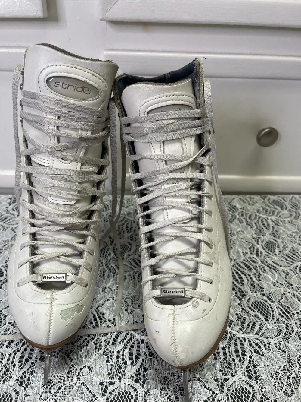 Riedell 223 Stride White Figure Skates Size 4.5 M Wilson Excel Blades US Made